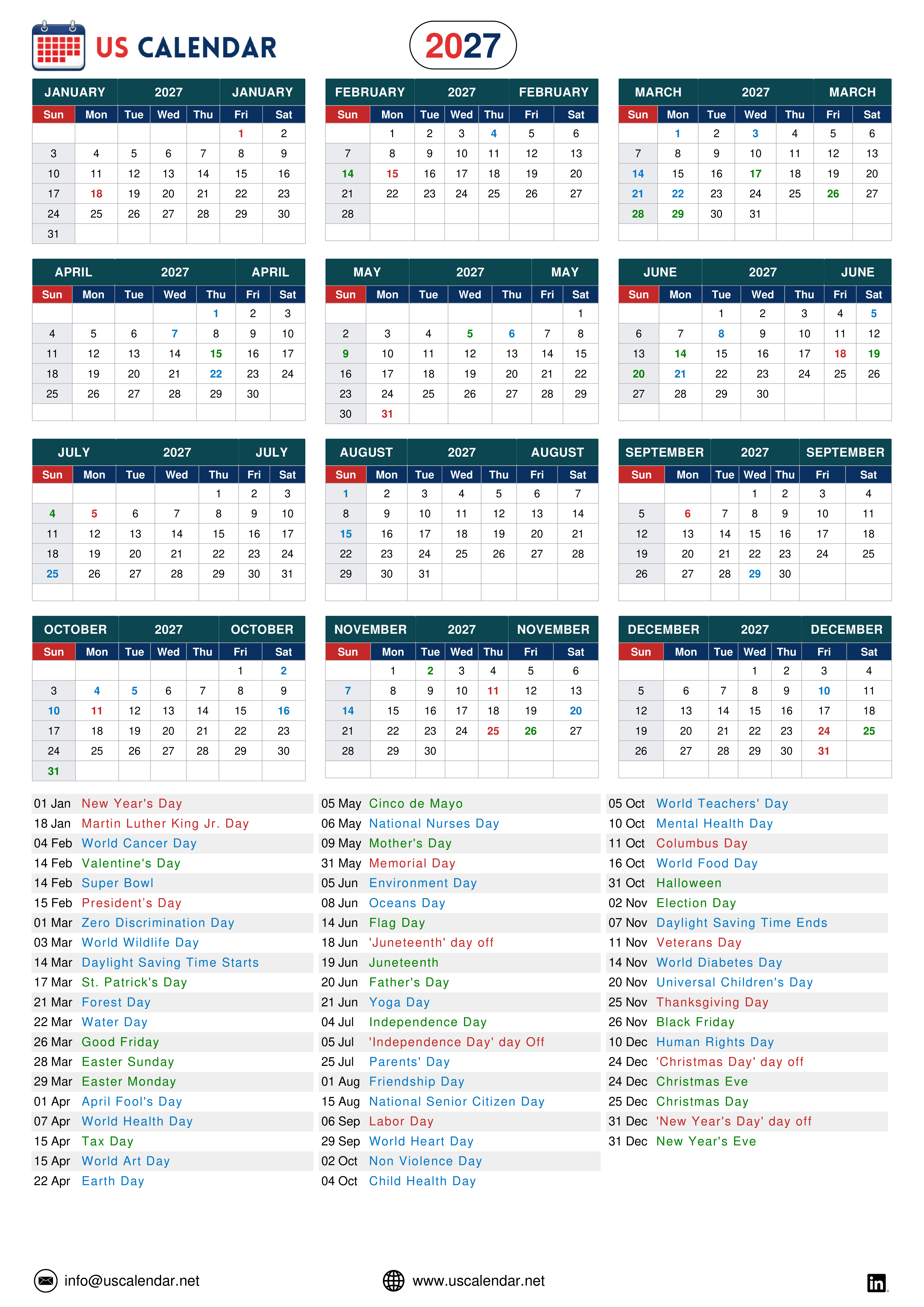United States Calendar 2027 displaying all twelve months from January to December, along with a detailed list of federal holidays, national observances, and important dates celebrated across the United States, including Memorial Day and Juneteenth.